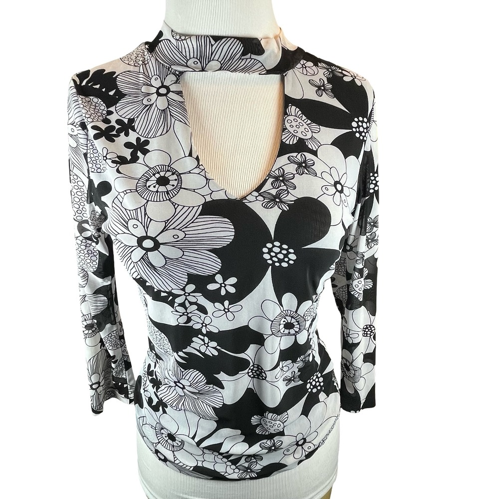 Michel Women‎ Top Black White Floral Choker V-Neck Retro Y2K Mesh 3/4 Sleeve M